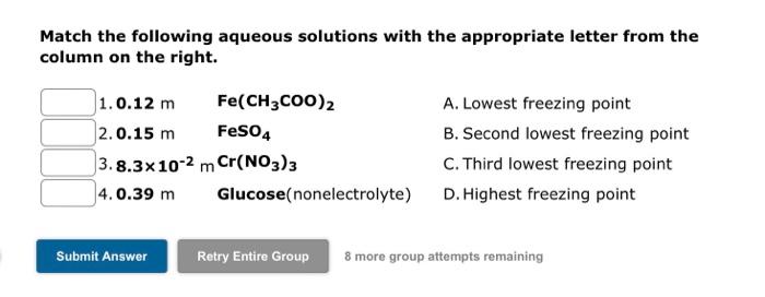 Ed Match The Following Aqueous Solutions With The Appropriate Letter From The Column On The Right D 1 0 150 M Mn Ch3coo 4