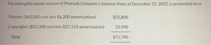The Intangible Assets Section Of Pharoah Company S Balance Sheet At December 31 2022 Is Presented Here Patents 62 0 1