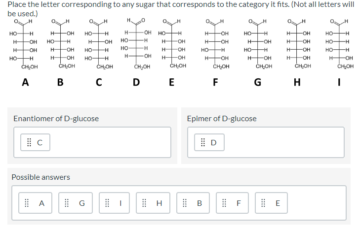 Place The Letter Corresponding To Any Sugar That Corresponds To The Category It Fits Not All Letters Will Be Used H 1
