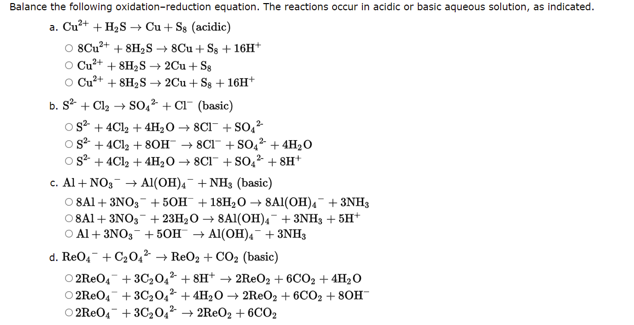 Balance The Following Oxidation Reduction Equation The Reactions Occur In Acidic Or Basic Aqueous Solution As Indicate 1