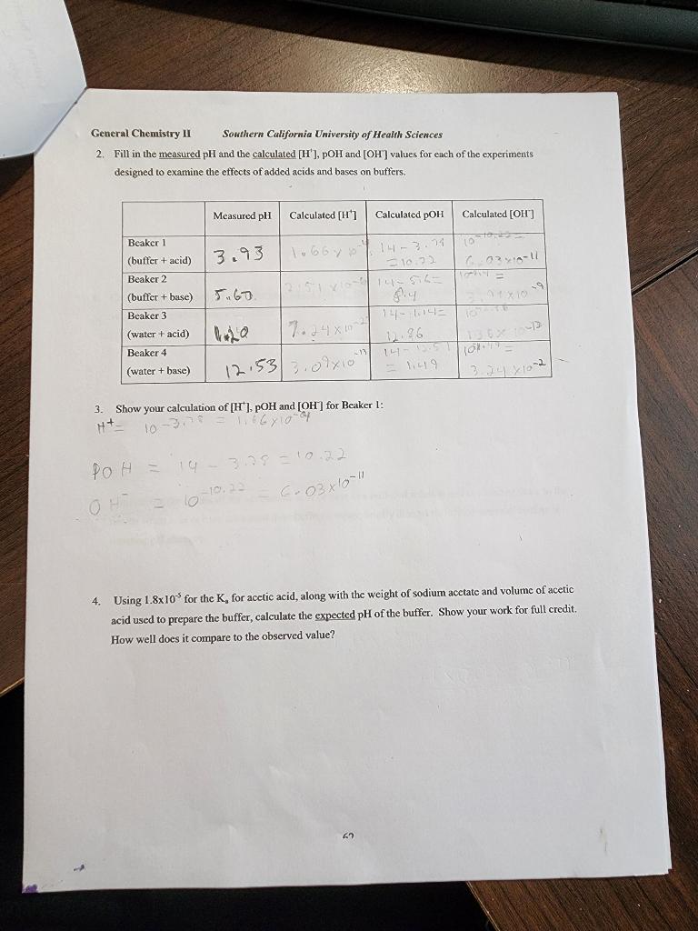 General Chemistry Ii Southern California University Of Health Sciences 2 Fill In The Measured Ph And The Calculated H 1