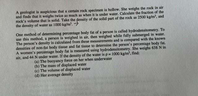 A Geologist Is Suspicious That A Certain Rock Specimen Is Hollow She Weighs The Rock In Air And Finds That It Weighs Tw 1