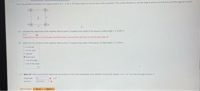 Four Long Parallel Conductors Carry Equal Cuments Of I 6 00 A The Figure Below Is An End View Of The Conductors The Cu 1