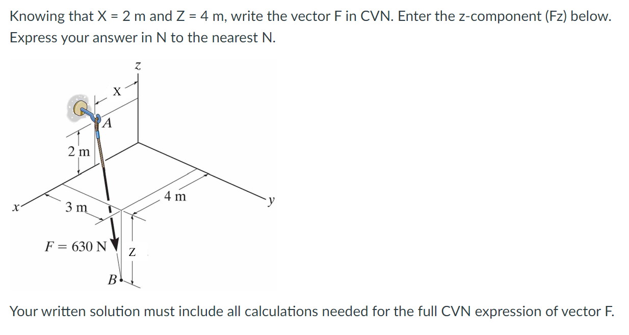 Knowing That X 2 M And Z 4 M Write The Vector F In Cvn Enter The Z Component Fz Below Express Your Answer In N 1