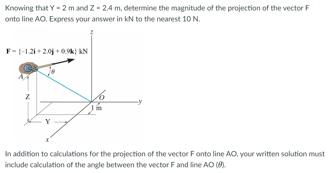 Knowing That Y 2 M And Z 2 4 M Determine The Magnitude Of The Projection Of The Vector F Onto Line Ao Express Your 1