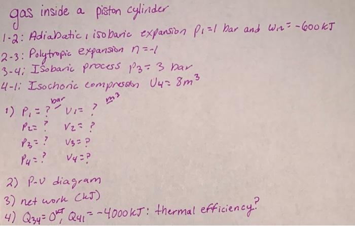 Gas Inside A Piston Cylinder 1 2 Adiabatic Isobaric Expansion Pi 1 Bar And Win 600kt 2 3 Polytropic Expansion N 1