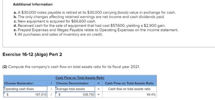Exercise 16 12 Algo Indirect Preparing Statement Of Cash Flows Lo P2 P3 A1 The Following Information Applies To Th 2