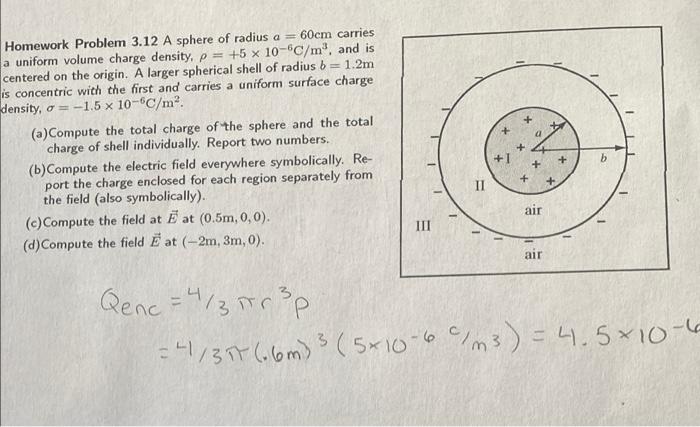 Homework Problem 3 12 A Sphere Of Radius A 60cm Carries A Uniform Volume Charge Density P 5 X 10 6c M And Is Cen 1