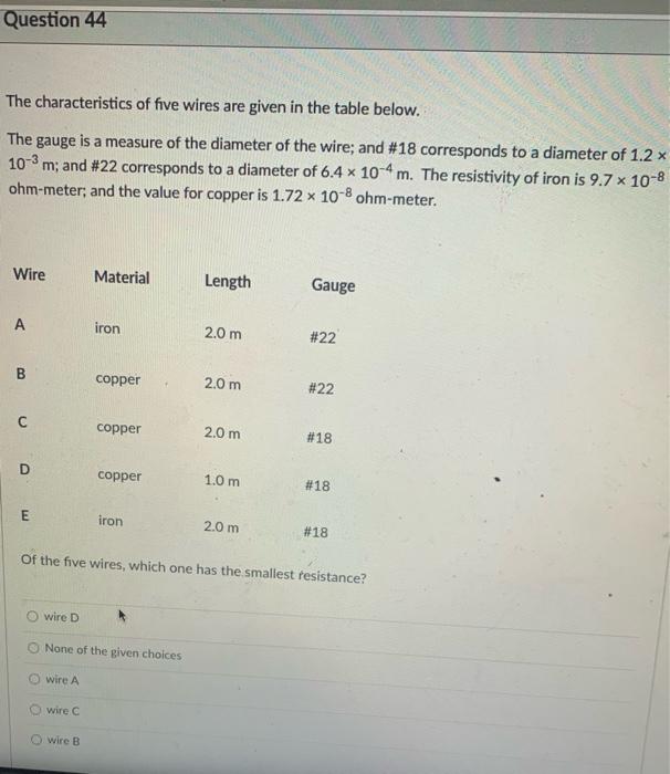 Question 44 The Characteristics Of Five Wires Are Given In The Table Below The Gauge Is A Measure Of The Diameter Of Th 1