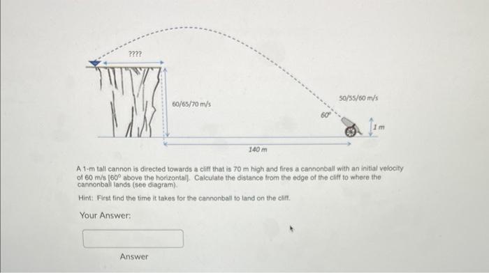 Txx 60 65 70 M S Answer 140 M 50 55 60 M S A 1 M Tall Cannon Is Directed Towards A Cliff That Is 70 M High And Fire 1
