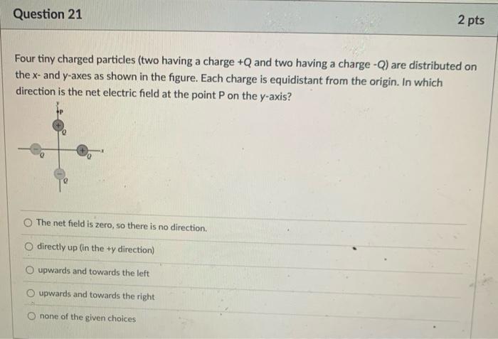 Question 21 2 Pts Four Tiny Charged Particles Two Having A Charge Q And Two Having A Charge Q Are Distributed On The 1