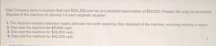 Diaz Company Owns A Machine That Cost 125 200 And Has Accumulated Depreciation Of 92 000 Prepare The Entry To Record 1