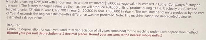 A Machine Costing 215 400 With A Four Year Life And An Estimated 19 000 Salvage Value Is Installed In Luther Company S 1