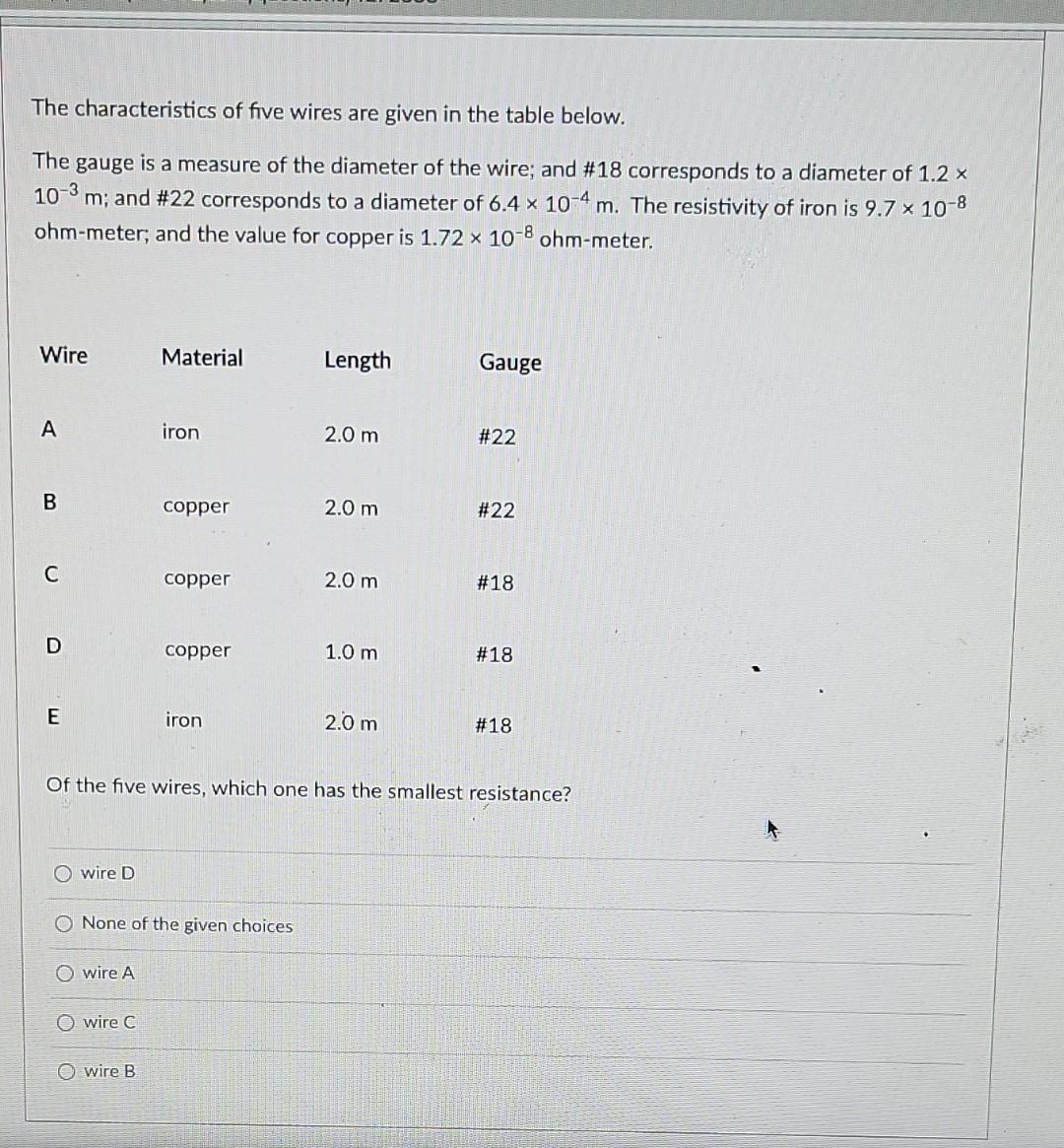 Question 44 The Characteristics Of Five Wires Are Given In The Table Below The Gauge Is A Measure Of The Diameter Of Th 3