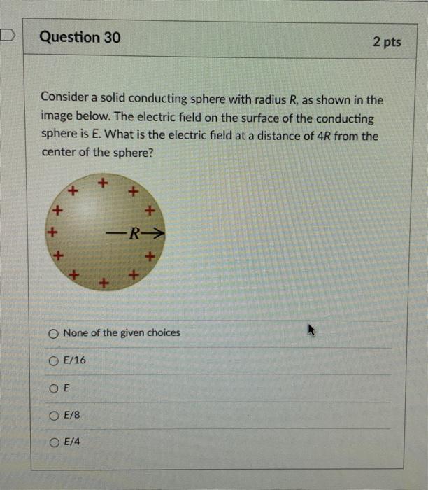 D Question 30 Consider A Solid Conducting Sphere With Radius R As Shown In The Image Below The Electric Field On The S 1