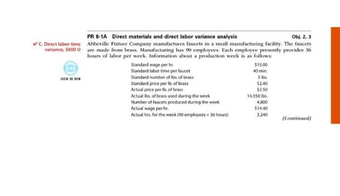Pr 8 1a Direct Materials And Direct Labor Variance Analysis Obj 2 3 Direct Labor Time Abbeville Fixture Company Manuf 2