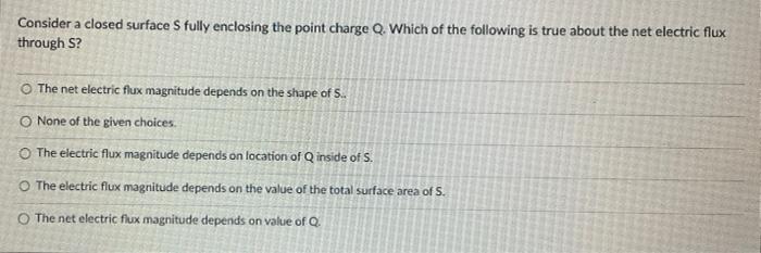 Consider A Closed Surface S Fully Enclosing The Point Charge Q Which Of The Following Is True About The Net Electric Fl 1
