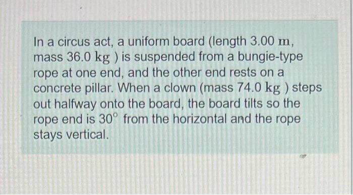 In A Circus Act A Uniform Board Length 3 00 M Mass 36 0 Kg Is Suspended From A Bungie Type Rope At One End And The 1