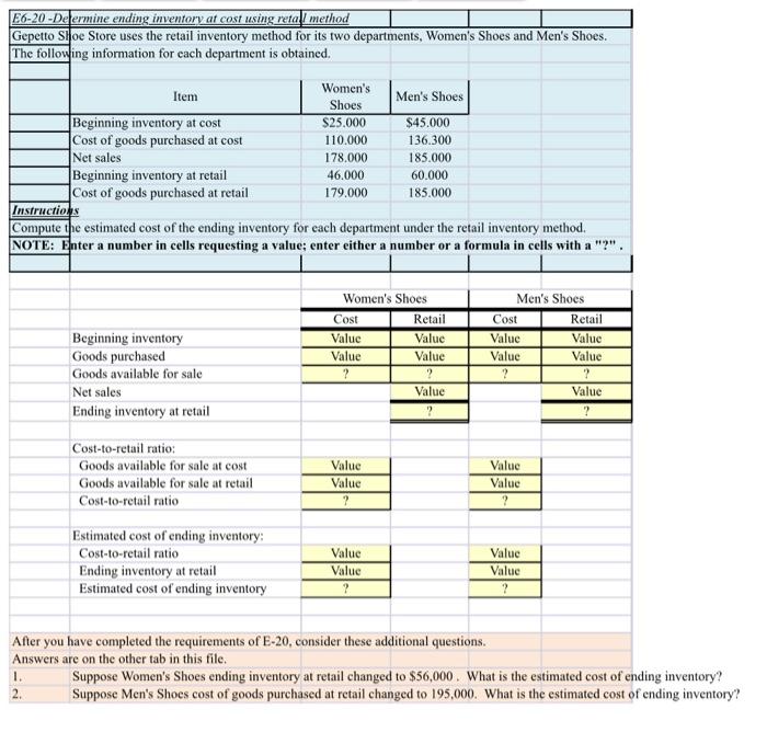 E6 20 Deermine Ending Inventory At Cost Using Retall Method Gepetto Shoe Store Uses The Retail Inventory Method For Its 1