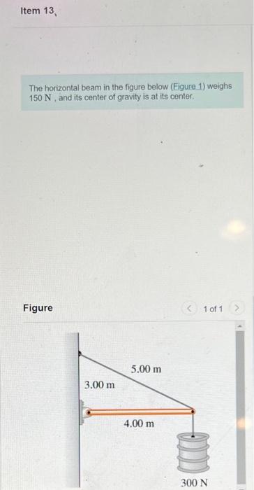 Item 13 The Horizontal Beam In The Figure Below Figure 1 Weighs 150 N And Its Center Of Gravity Is At Its Center Fi 1