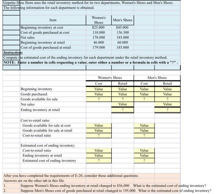 E6 20 Deermine Ending Inventory At Cost Using Retall Method Gepetto Shoe Store Uses The Retail Inventory Method For Its 3