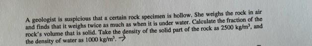 A Geologist Is Suspicious That A Certain Rock Specimen Is Hollow She Weighs The Rock In Air And Finds That It Weighs Tw 1