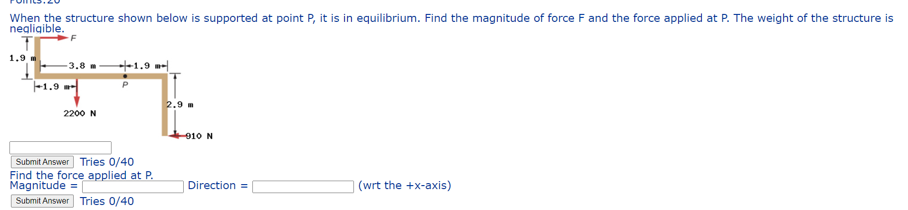 When The Structure Shown Below Is Supported At Point P It Is In Equilibrium Find The Magnitude Of Force F And The Forc 1