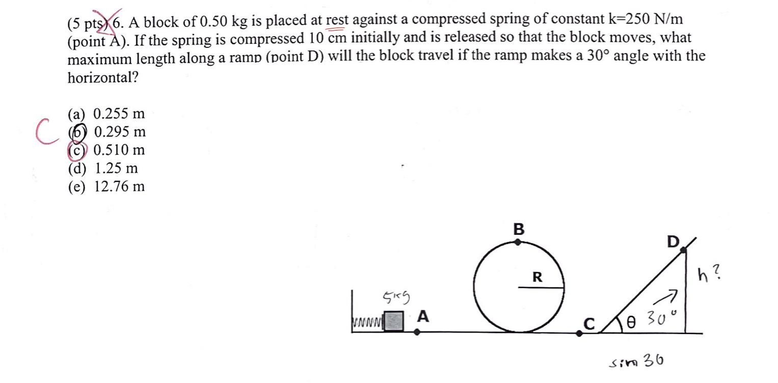 5 Pts 6 A Block Of 0 50 Kg Is Placed At Rest Against A Compressed Spring Of Constant K 250 N M Point A If The Spri 1