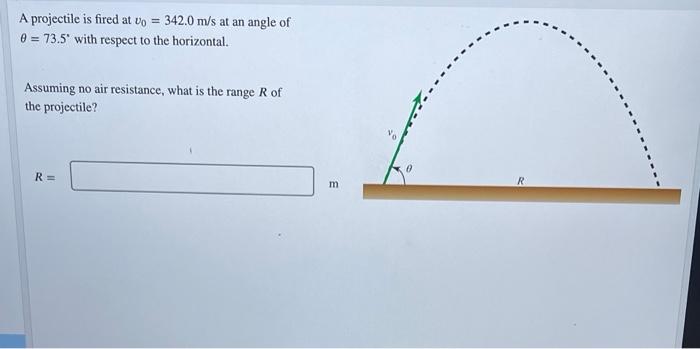 A Projectile Is Fired At Vo 342 0 M S At An Angle Of 0 73 5 With Respect To The Horizontal Assuming No Air Resistan 1