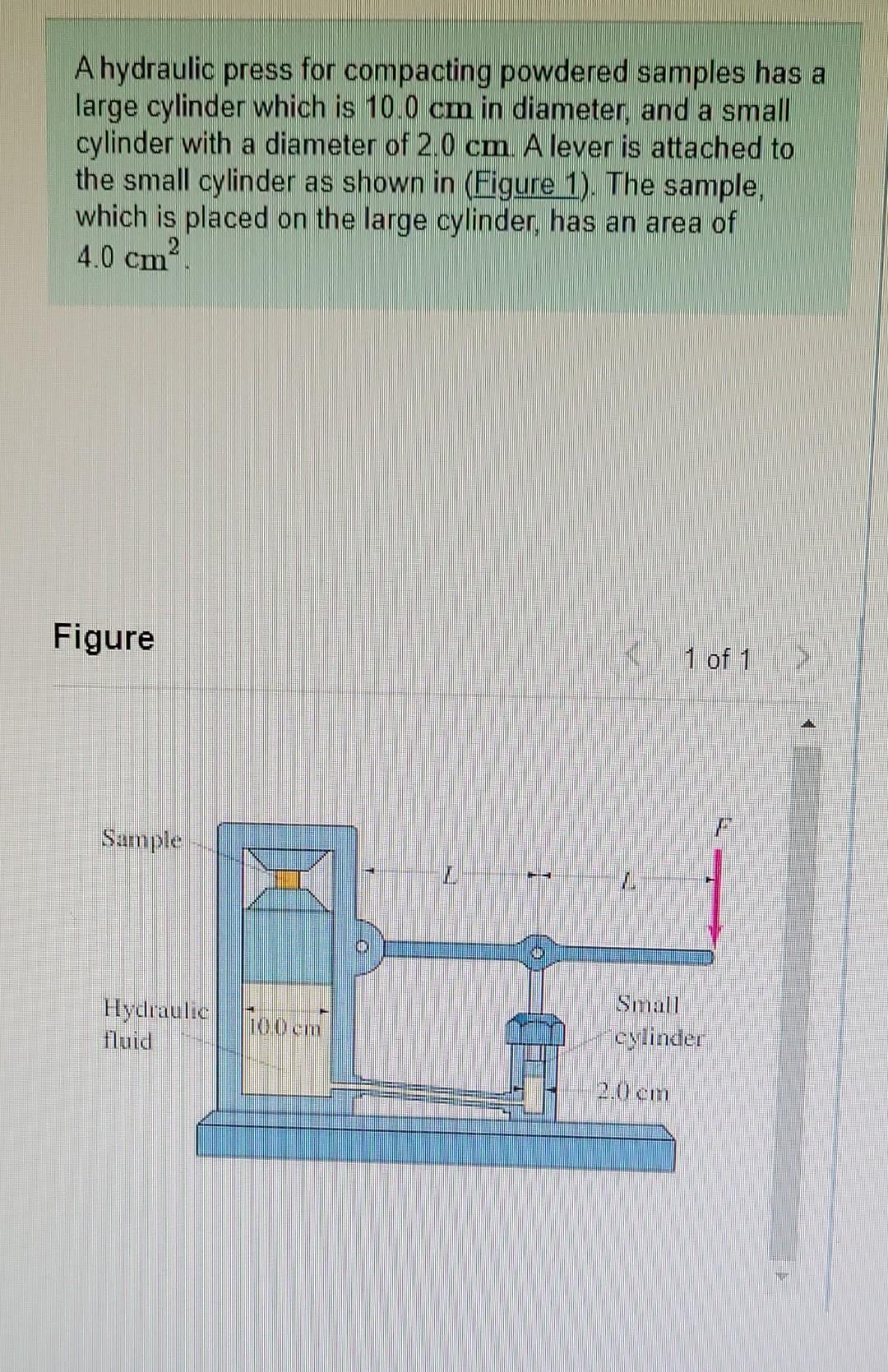 A Hydraulic Press For Compacting Powdered Samples Has A Large Cylinder Which Is 10 0 Cm In Diameter And A Small Cylinde 1