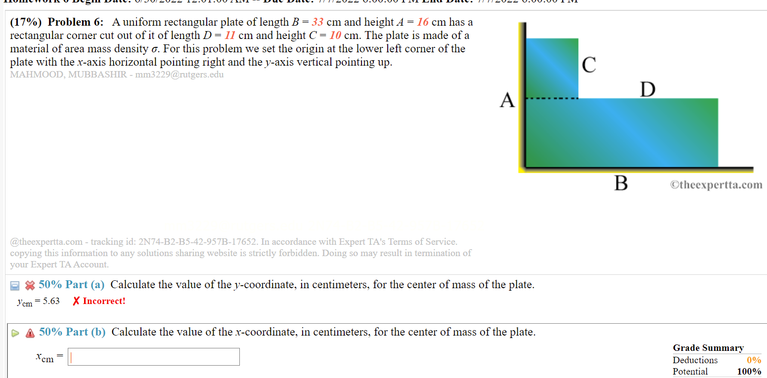 17 Problem 6 A Uniform Rectangular Plate Of Length B 33 Cm And Height A 16 Cm Has A Rectangular Corner Cut Out O 1