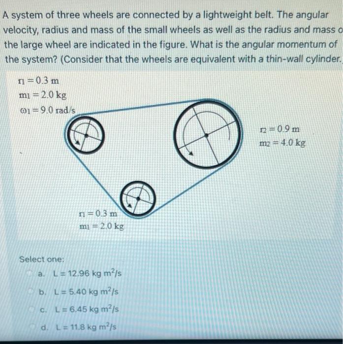 A System Of Three Wheels Are Connected By A Lightweight Belt The Angular Velocity Radius And Mass Of The Small Wheels 1