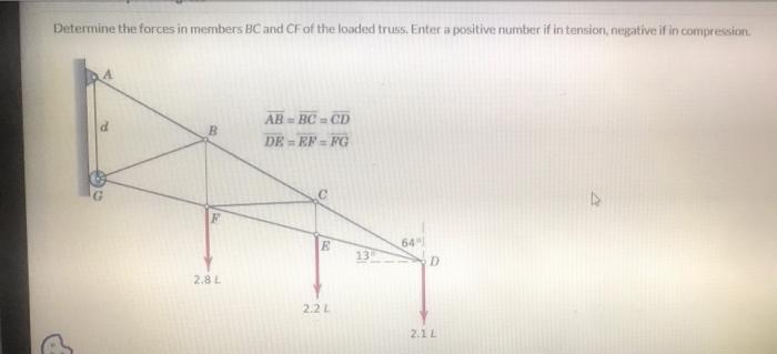 Determine The Forces In Members Bc And Cf Of The Loaded Truss Enter A Positive Number If In Tension Negative If In Com 1