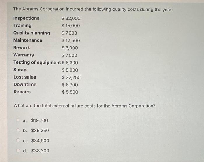 The Abrams Corporation Incurred The Following Quality Costs During The Year Inspections 32 000 Training 15 000 Qual 1