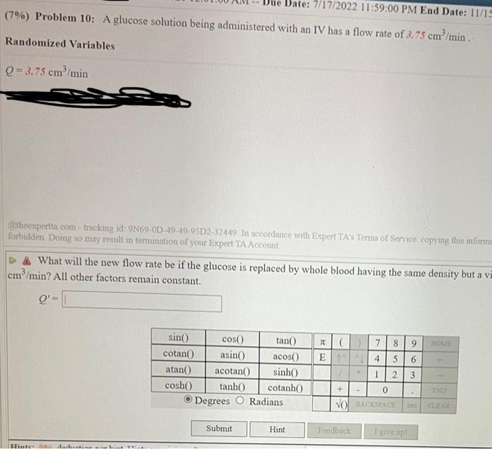 Due Date 7 17 2022 11 59 00 Pm End Date 11 15 7 Problem 10 A Glucose Solution Being Administered With An Iv Has A 1