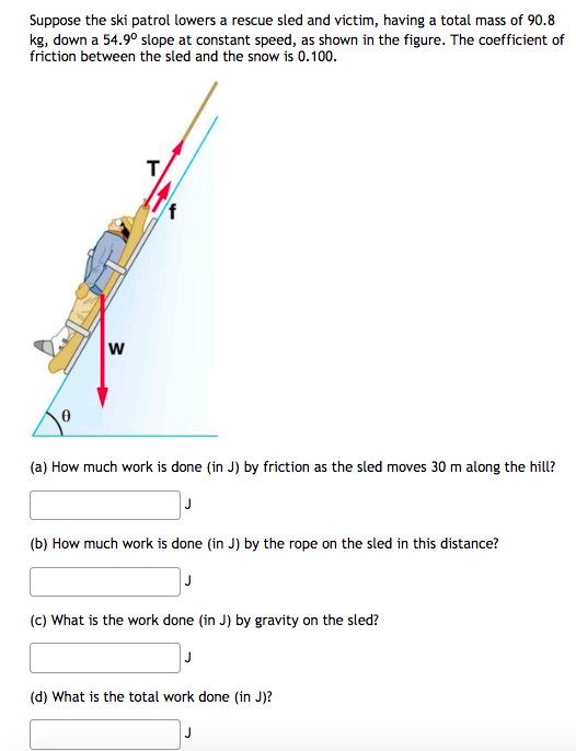 Suppose The Ski Patrol Lowers A Rescue Sled And Victim Having A Total Mass Of 90 8 Kg Down A 54 9 Slope At Constant S 1