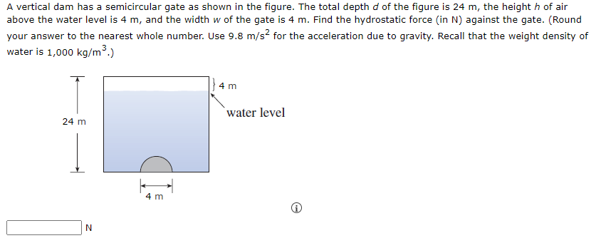 A Vertical Dam Has A Semicircular Gate As Shown In The Figure The Total Depth D Of The Figure Is 24 M The Height H Of 1