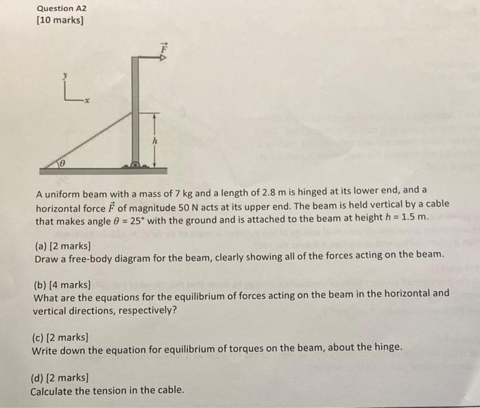 Question A2 10 Marks L 14 A Uniform Beam With A Mass Of 7 Kg And A Length Of 2 8 M Is Hinged At Its Lower End And A 1