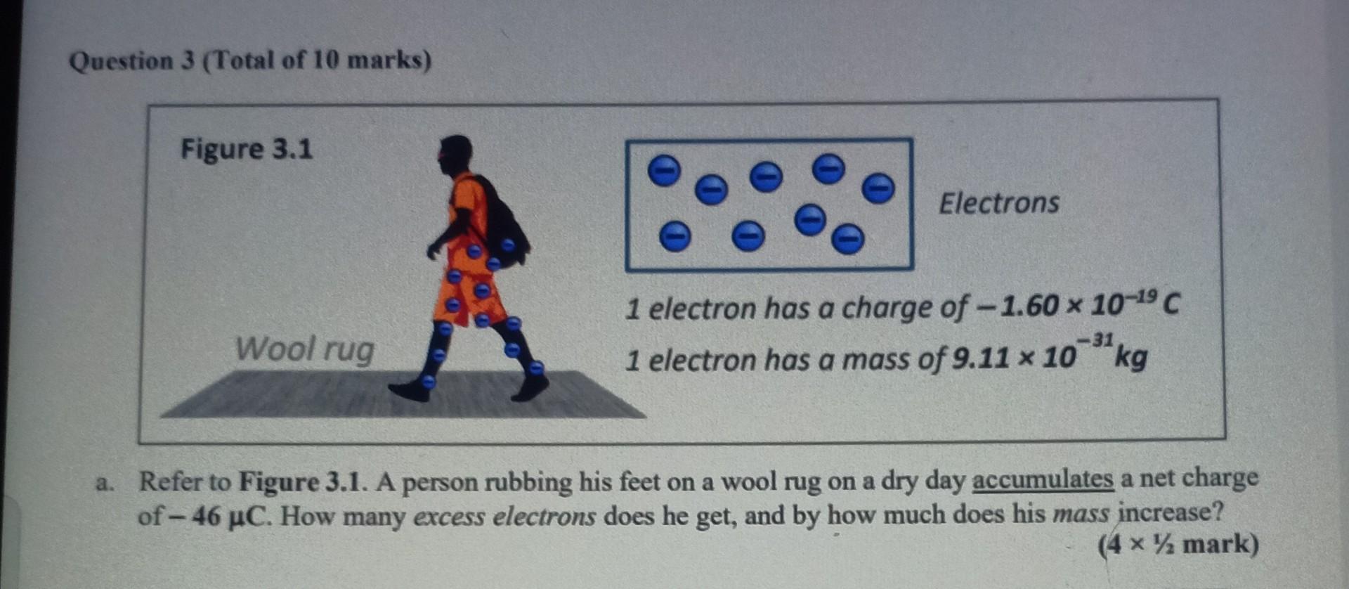 Question 3 Total Of 10 Marks Figure 3 1 Wool Rug Electrons 1 Electron Has A Charge Of 1 60 10 C 1 Electron Has A 1