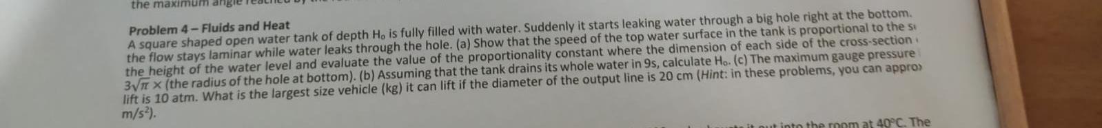 The Maximum An Problem 4 Fluids And Heat A Square Shaped Open Water Tank Of Depth Ho Is Fully Filled With Water Suddenl 1