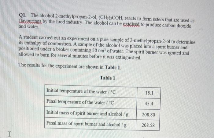 I Q1 The Alcohol 2 Methylpropan 2 Ol Ch3 3coh Reacts To Form Esters That Are Used As Flavourings By The Food Industr 1