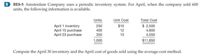 5 Be8 5 Amsterdam Company Uses A Periodic Inventory System For April When The Company Sold 600 Units The Following In 1