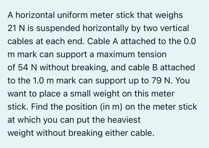 A Horizontal Uniform Meter Stick That Weighs 21 N Is Suspended Horizontally By Two Vertical Cables At Each End Cable A 1