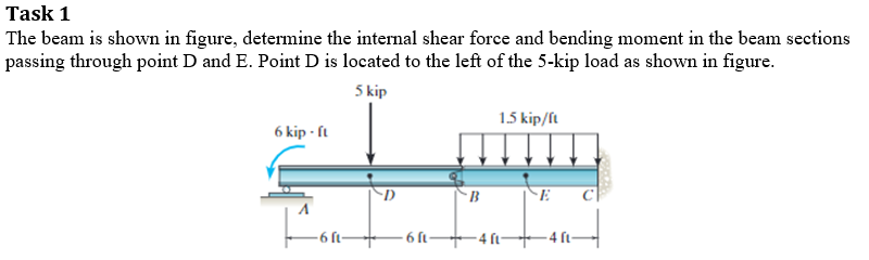 Task 1 The Beam Is Shown In Figure Determine The Internal Shear Force And Bending Moment In The Beam Sections Passing T 1