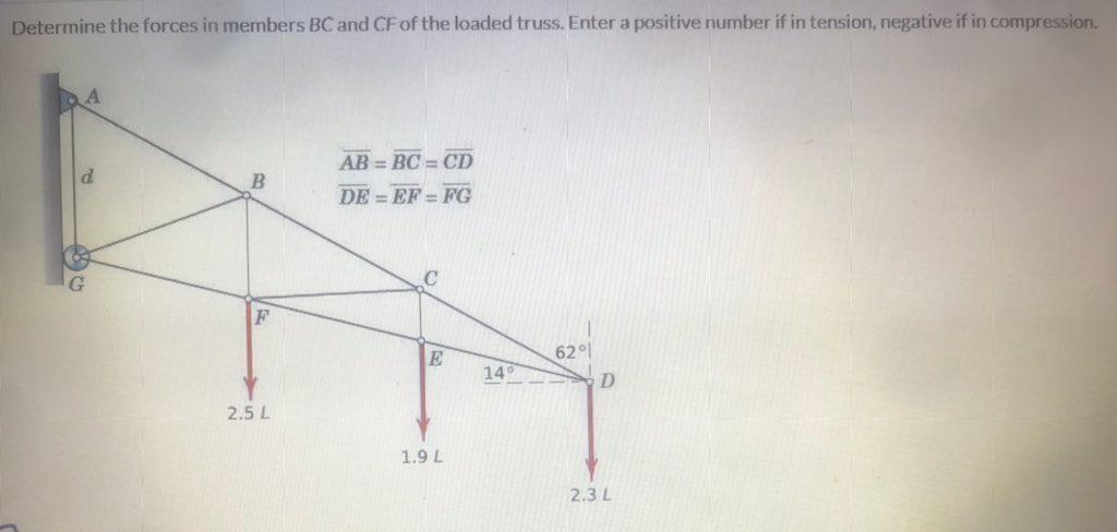 Determine The Forces In Members Bc And Cf Of The Loaded Truss Enter A Positive Number If In Tension Negative If In Com 1