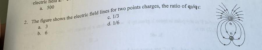 Electric Fie A 500 2 The Figure Shows The Electric Field Lines For Two Points Charges The Ratio Of Q2 Q1 A 3 B 6 C 1