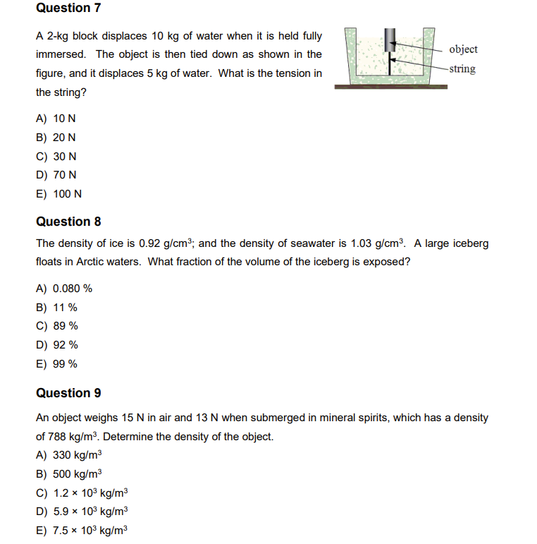 Question 7 A 2 Kg Block Displaces 10 Kg Of Water When It Is Held Fully Immersed The Object Is Then Tied Down As Shown I 1