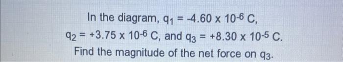 In The Diagram Q 4 60 X 10 6 C Q2 3 75 X 10 6 C And Q3 8 30 X 10 5 C Find The Magnitude Of The Net Force On 1