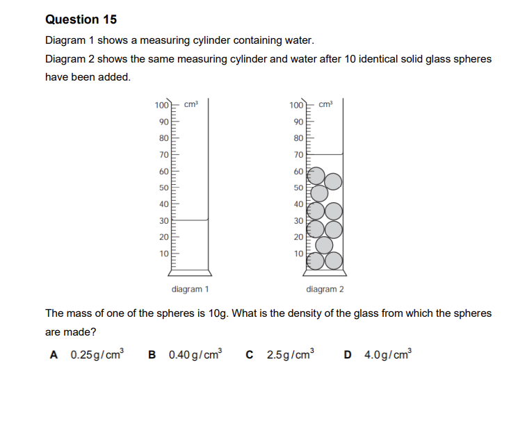 Question 15 Diagram 1 Shows A Measuring Cylinder Containing Water Diagram 2 Shows The Same Measuring Cylinder And Water 1