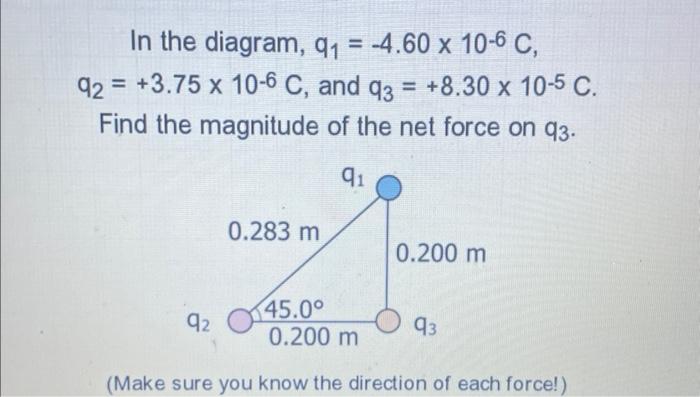 In The Diagram Q 4 60 X 10 6 C Q2 3 75 X 10 6 C And Q3 8 30 X 10 5 C Find The Magnitude Of The Net Force 3